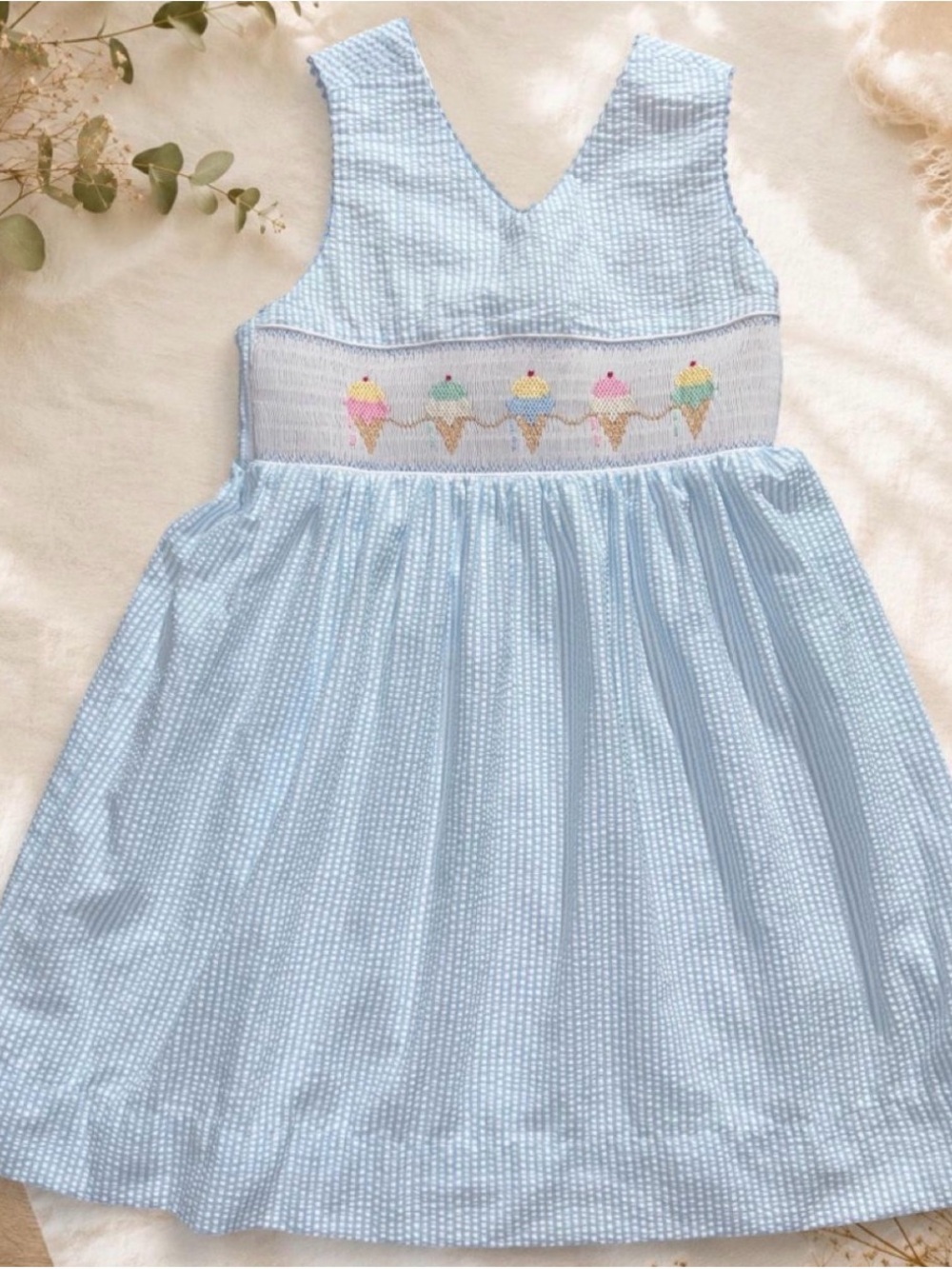 Anavini Girls Blue Seersucker Hand Smocked Ice Cream Cone Sundress 4T